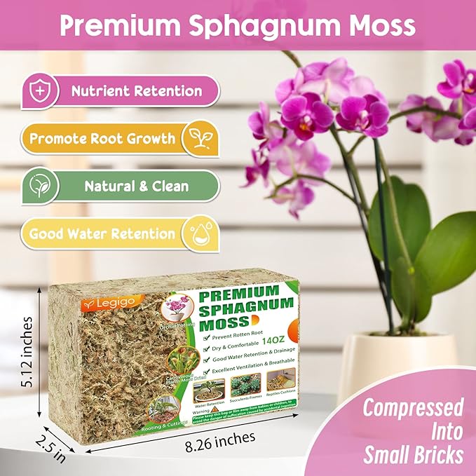 Legigo 14OZ Premium Sphagnum Moss for Plants- 16QT Natural Succulent Carnivorous Plant Moss Dried, Long Fiber Orchid Moss for Orchid Repotting Succulent Sarracenia Potted Plants Gardening and Reptiles