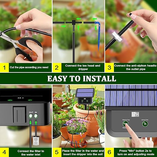 LCD Display Solar Drip Irrigation System Kit, 30 Working Modes & 10 Watering Interval Solar Powered Drip Irrigation Kit Supports 15 Potted Plants, 2200mAh Automatic Watering System for Garden