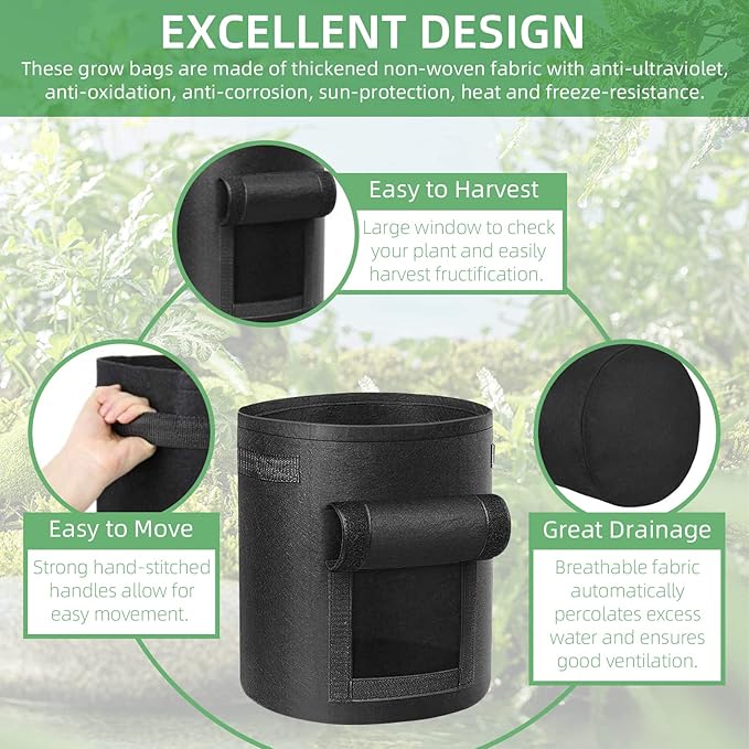 12 Pack 7 Gallon Potato Grow Bags, Heavy Duty Nonwoven Fabric Garden Planting Bag Plant Container with Flap and Handles, Aeration Fabric Pots for Growing Vegetable, Fruits and Flowers