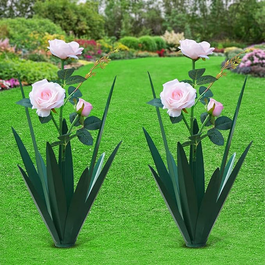 Large Tequila Rustic Sculpture, Home Decor Hand Painted Metal Agave Garden Yard Statue, Outdoor Lawn Ornaments (2 Big Flowers)