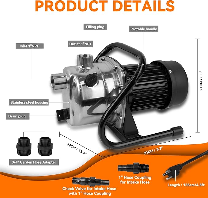 BACOENG 1 HP Water Transfer Pump Garden Pump, 850GPH Lawn Sprinkler Booster Pump, Lake Pump for Irrigation and Water Draining, w/Check Valve & 3/4" Garden Hose Adapter