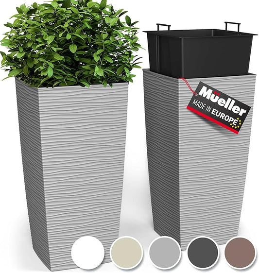Mueller M-Resin Heavy Duty Tall Planter, Indoor/Outdoor Grande Plant, Tree, Flower Pot, 2-Piece Set, 27.5”, Modern Design, Built-in Drainage, Light Grey