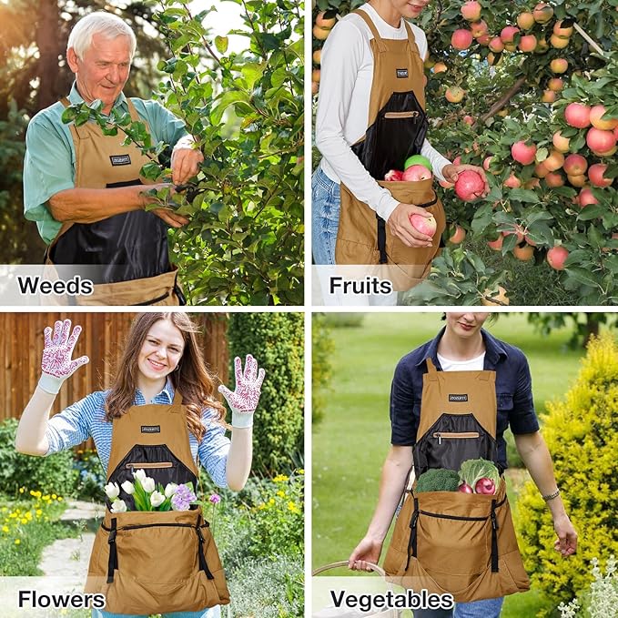 Gardening Apron, Canvas Garden Aprons with 6 Pockets and Harvesting Pouch for Women and Men,Gardener Gifts