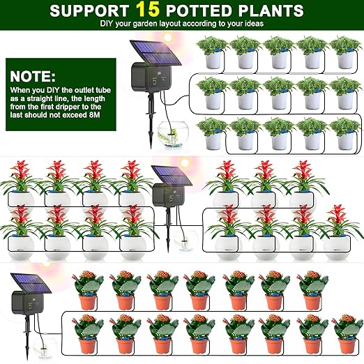 LCD Display Solar Drip Irrigation System Kit, 30 Working Modes & 10 Watering Interval Solar Powered Drip Irrigation Kit Supports 15 Potted Plants, 2200mAh Automatic Watering System for Garden