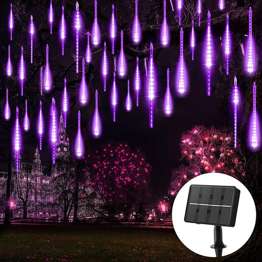 Purple Solar Christmas Lights, 576 LED Solar Meteor Shower Lights with 16 Tubes, Icicle Fairy String Lights for Christmas Decorations Tree Party Yard, Purple