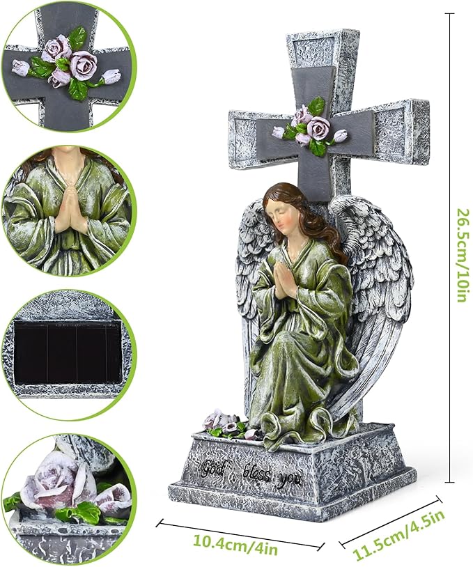 Yiosax-Solar Angels for Cemetery-Garden Statue Lights Decor - Before The Cross on One Knee Wings Praying Angel Figurine Bless You Cemetery Patio Lawn Yard Porch Decorations