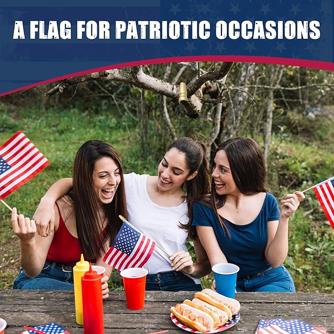 Super Tough Small American Stick Flags 4’’x6’’ | Cotton Outdoor Flag on 10’’ Wooden Stick with Spear Tip | Mini Flags Patriotic Decor for Various Holiday Parties and National Flag Day | 25 Pack