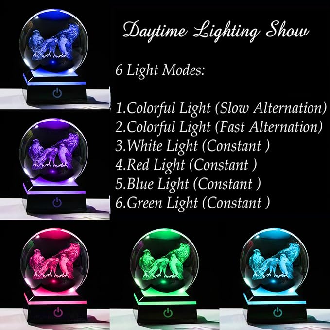 Qianwei OWL Eagle Gifts for Women 3D Crystal Ball 3.14'' - Laser OWL Eagle Decor Glass Animals OWL Eagle Gifts Figurines Statue Stuff for Room Decorations OWL Eagle Night Light