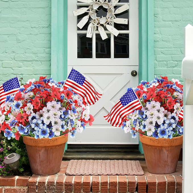24 Bundles Artificial Flowers for Outdoor,No Fade Fake Plastic Flowers for Garden Porch Window Box Home,Red White Blue Faux Plants for 4th of July Memorial Day Independence Day Patriotic Decor