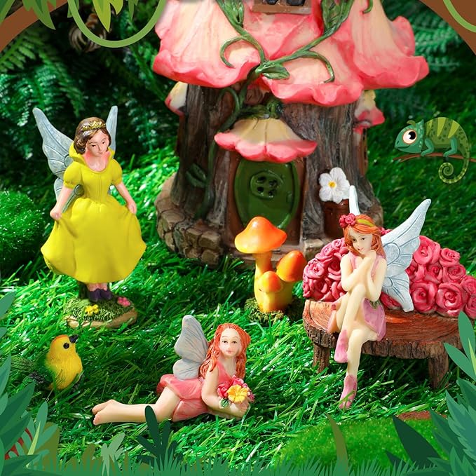 Soaoo Fairy House Garden Figurines Kit Spring Garden Decor Easter Basket Decoration Spring Decoration Outdoor Wildflower Butterfly Fairy Mushroom Party Supplies Micro Landscape Ornaments