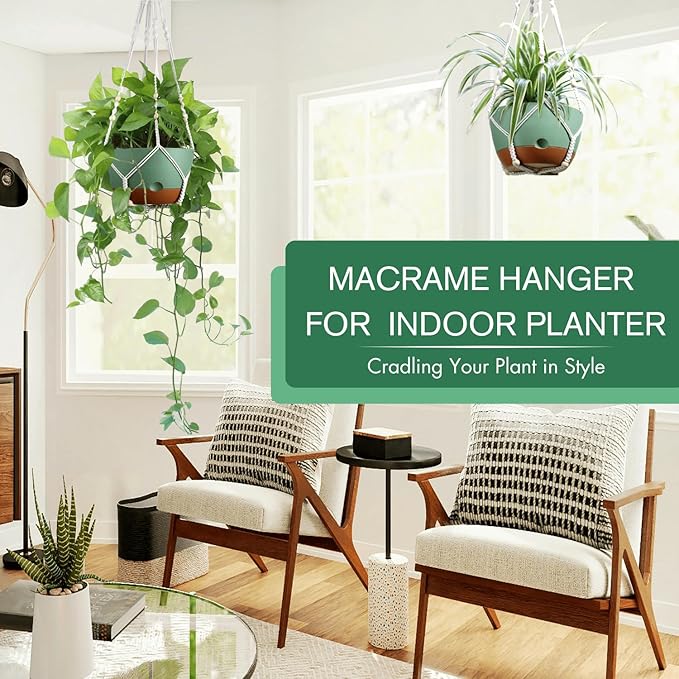 Set of 2-8 Inch Hanging Planters for Indoor Plants with Self-Watering Includes Hanging Pots for Plants, Outdoor Hanging Plant Pot with Drainage, and 2 Types of Hanging Baskets Hangers (Green)