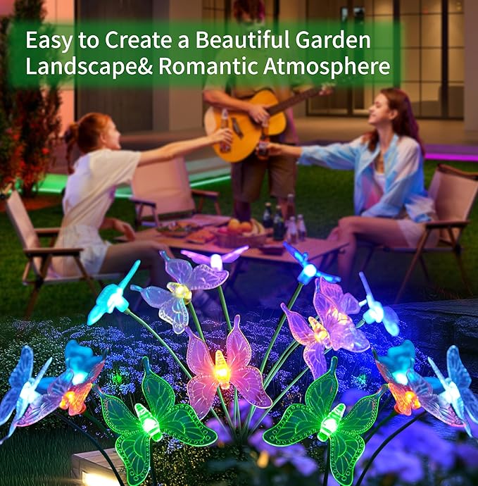 Solar Garden Lights, 2 Pack with 8 Butterfly Swaying Solar Lights Outdoor Decorations, Multi-Color Changing LED Solar Light Stakes, Solar Yard Lights for Garden Patio Lawn Yard Pathway Decor
