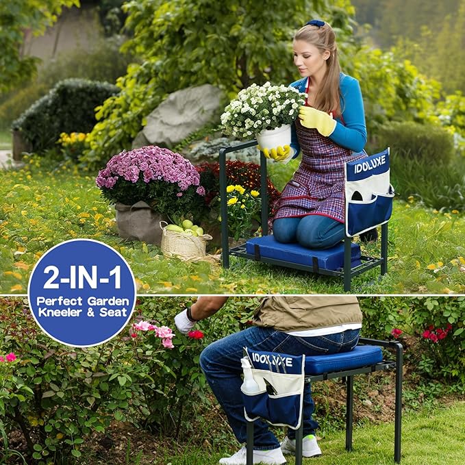 Foldable Garden Kneeler and Seat - 350 Lbs Heavy Duty Gardening Stool with Large Tool Bag, Thicker Wider Softer Kneeling Pad, Portable Garden Bench Gardening Gifts for Women, Seniors - Blue