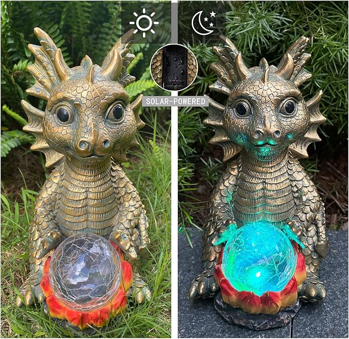 Solar Garden Statue Dragon Figurine with 7-Color Changing Solar Crackle Globe Lights- Loving Dragon for Patio,Balcony,Yard, Lawn-Unique Idea Gifts (Grey)