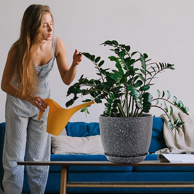 WOUSIWER Plant Pots 10/9/8 inch, Set of 3 Modern Decorative Plastic Planters with Drainage Holes and Saucers for House Plants Indoor Flowers Plants, Black with White Speckles