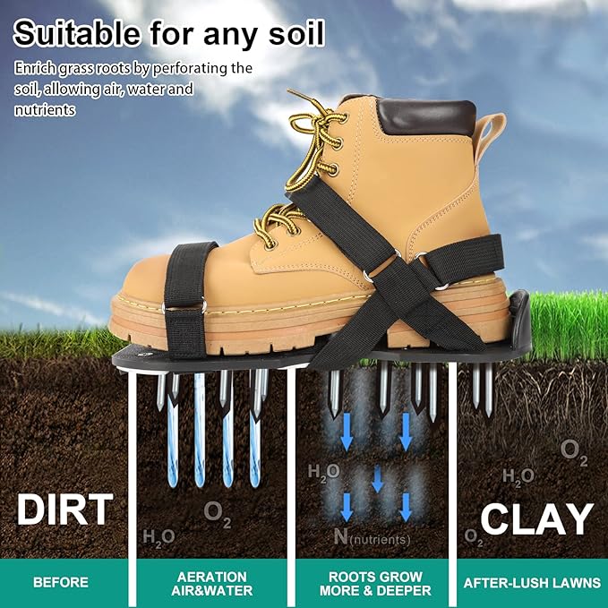 Lawn Aerator Shoes for Grass - Pre-Assembled Grass Aerator Shoes for Lawn - Soil Yard Aerator Tool for Aerating Patio Garden, Black