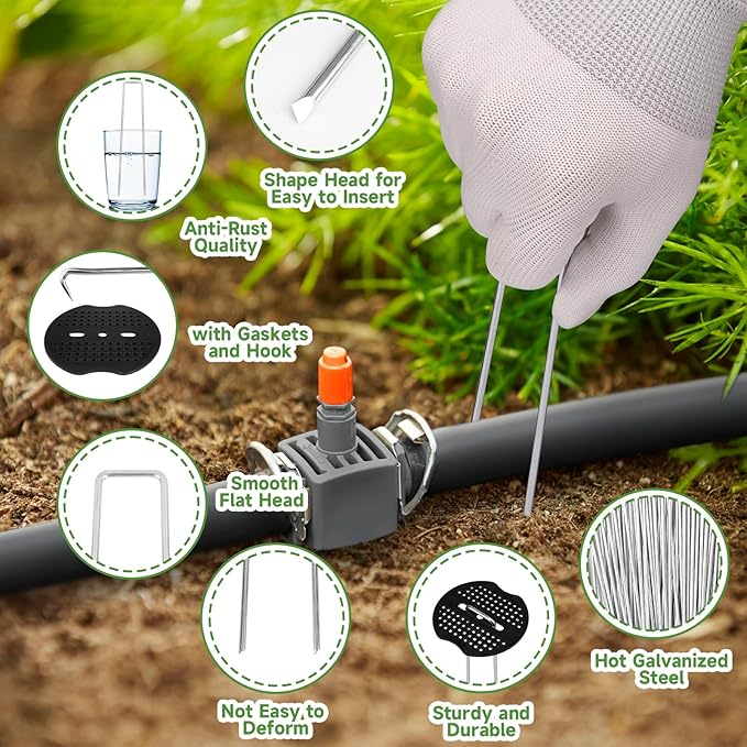 Landscape Staples Set,6 Inch 11 Gauge 100pcs Galvanized Garden Stakes + 100pcs Gaskets + 1Pick Hook,U-Shaped Tent Stakes Landscaping Fabric SOD Pins for Weed Fabric Barrier,Groud Cover,Fence