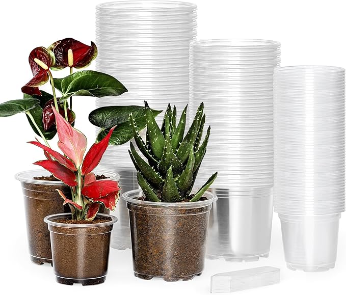 60 Pack 4/5/6 Inch Clear Nursery Pots with Drainage Holes, Transparent Plastic Pots for Plants, Reinforced Seed Starter Pots Flower Pots Come with 50pcs Plant Labels