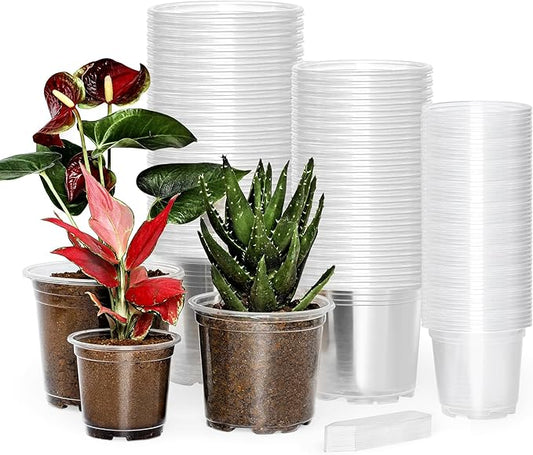 60 Pack 4/5/6 Inch Clear Nursery Pots with Drainage Holes, Transparent Plastic Pots for Plants, Reinforced Seed Starter Pots Flower Pots Come with 50pcs Plant Labels