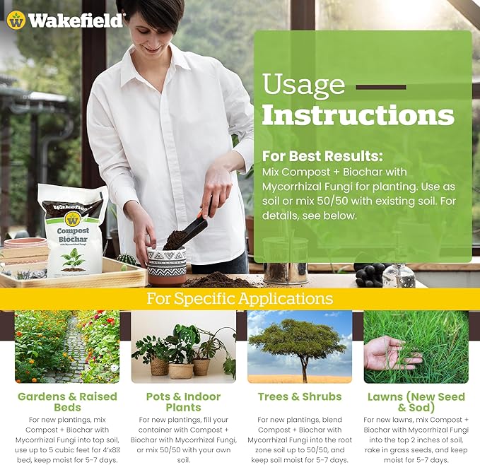 Wakefield Compost + Biochar with Mycorrhizal Fungi – Premium Aged Organic Compost with Mycorrhizal Fungi, Blended with 100% Biochar – 1 Gallon - Pack of 6