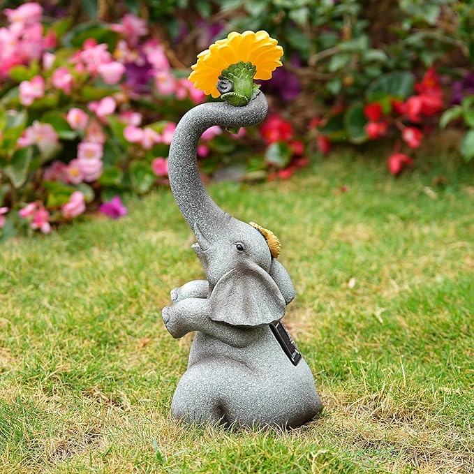 Elephant Sunflower Garden Decor, 14.3" Solar Large Garden Statue, Outdoor Yard Decor, Gifts for Mom, Grandma