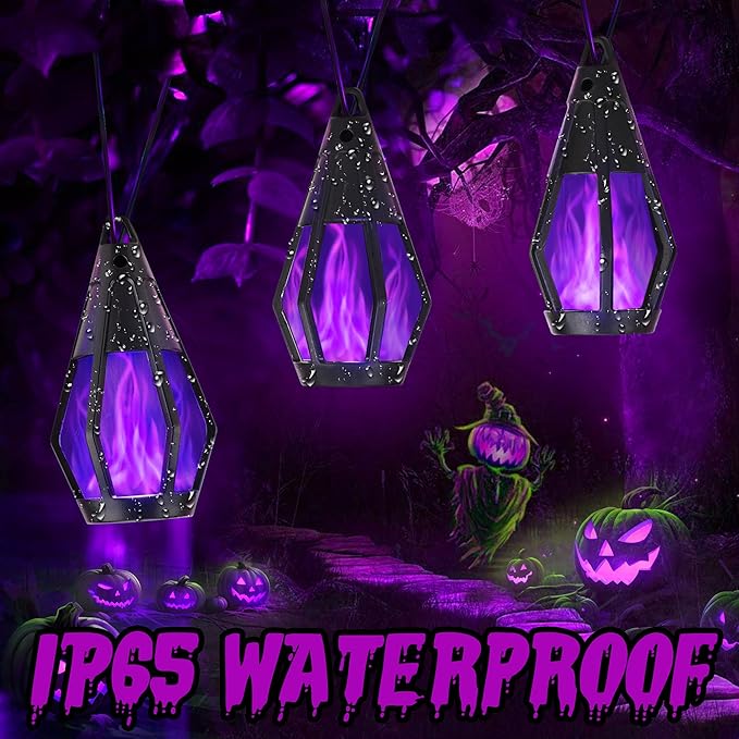 Solar Halloween Lights Outdoor, 13Ft Outdoor String Lights with 10 Flickering Flame Bulb, Waterproof Solar Powered Purple Halloween Lights LED Flame Lights for Halloween Decorations Yard Patio Garden