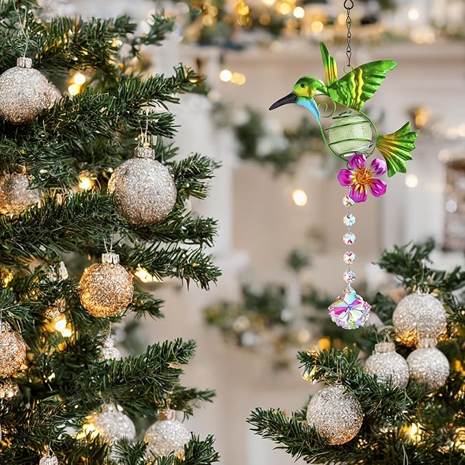 Stained Metal Hummingbird Suncatcher, Window Crystal Prisms Sun Catcher Hanging Ornament Rainbow Maker Bird Garden Wall Art Fence Decorations