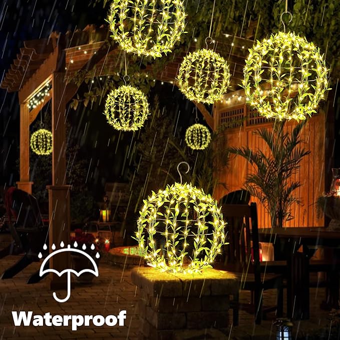 Flacchi Hanging Iron Sphere Lights with Artificial Greenery – 12Inch 120 LED Waterproof Outdoor/Indoor Decor Ball Light with Timer & 8 Modes – 2 Pack for Garden, Christmas, Weddings (Warm White)