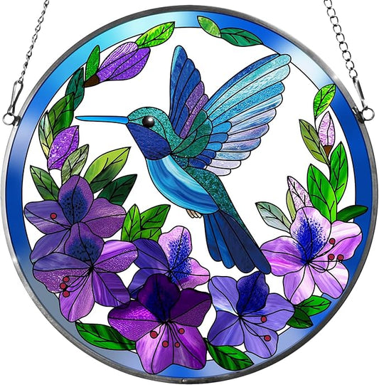Stained Glass Sun Cather for Window Hanging, 8.6'' Hummingbird Window Ornament for Indoor Outdoor, Hand Painted Stain Glass Gift for Women, Bird Nature Lovers
