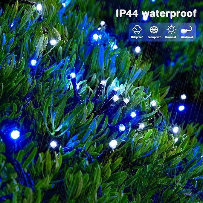 JMEXSUSS 250LED Christmas String Lights 91.5ft Extendable Green Wire Christmas Lights Outdoor Waterproof, 8 Modes LED String Lights Indoor for Tree Wedding Party Garden Patio Decoration, Blue & White