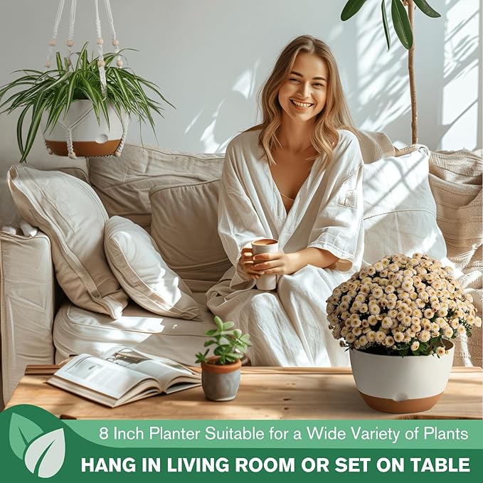 Set of 2-8 Inch Hanging Planters for Indoor Plants with Self-Watering Includes Hanging Pots for Plants, Outdoor Hanging Plant Pot with Drainage, and 2 Types of Hanging Baskets Hangers (White)