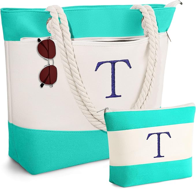 YOOLIFE Beach Bags for Women - Initial Tote Waterproof Bag with Makeup Bag, Mothers Day Gifts for Women Mom Friend Birthday
