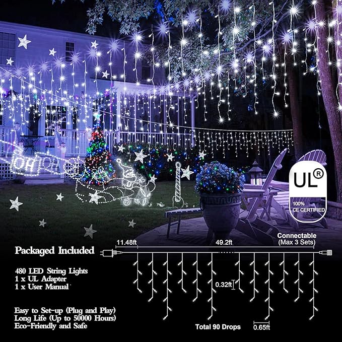 49FT 480LED Christmas Lights Decorations Waterproof 8 Modes Christmas Lights Outdoor with Memory and Timer Fairy Lights Plug-in Christmas String Lights for Holiday Party Wedding Home Roof
