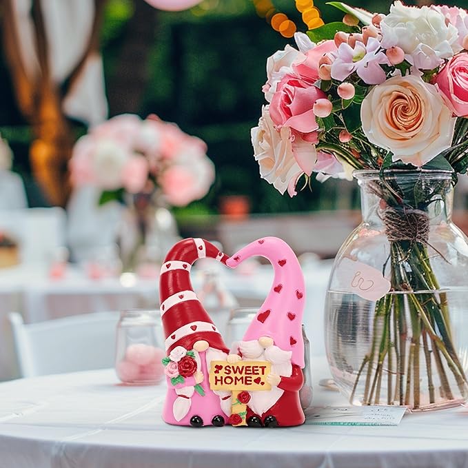 TERESA'S COLLECTIONS Garden Gnomes Outdoor Decor, Resin Heart-Shaped Pink Cute Gnome Couple Decorations for Home, Garden Decor Love Gifts for Women, 4.3"