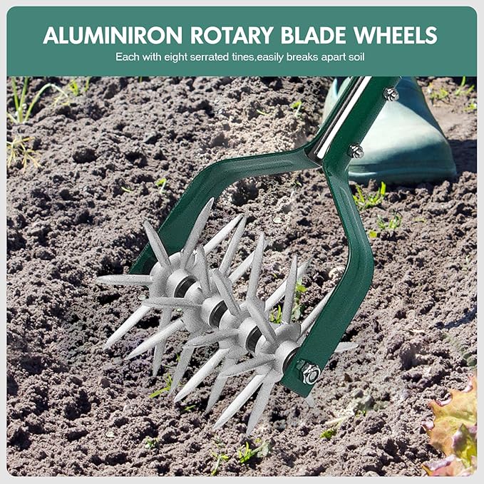 Rotary Cultivator Tiller Adjustable S/S Handle Rotary Tiller with Detachable Solid Metal Tines Garden Cultivator Lawn Tiller and Manual Tiller for Loosing and Mixing Soil