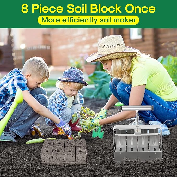 Upgraded Soil Blocker, 8 Cell Seed Blocker 2 inch Quad Soil Block Maker Manual with 3 Types of Seed Pins,Hand-held Soil Blocking Tool for Seed Stater Tray Outdoor Plants