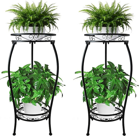 CASIMR 2Pack Plant Stand Indoor Outdoor, 2 Tier 26.6" Tall Metal Potted Holder Rack Multiple Flower Pot Stand Heavy Duty Plant Shelf Rustproof Iron Plant Round Supports Rack