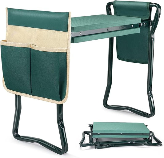 WISYOK Garden Kneeler and Seat, Heavy Duty Gardening Bench with 2 Tool Pouches, Widen EVA Foam Pad, Foldable Garden Stool to Prevent Knee & Back Pain