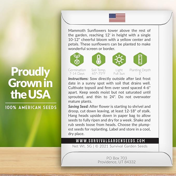 Survival Garden Seeds - Mammoth Sunflower Seed for Planting - Packet with Instructions to Plant and Grow Enormous Colorful Flowers in Your Home Flower or Vegetable Garden - Non-GMO Heirloom Variety