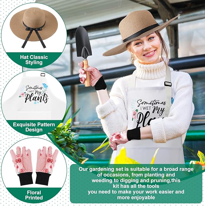 Toulite 10 Pcs Gardening Kit for Women Gardening Tool Set Gardening Gifts for Women with Planting Tools Straw Hat Floral Apron Glove Gardening Gift Basket Cup with Straw for Plant Lover Women