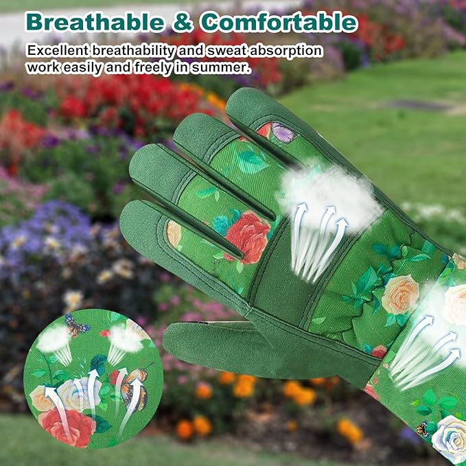 DLY Gardening Gloves for Women, Rose Gloves Gardening Thorn Proof, Long Garden Gloves for Women, Durable and Comfortable Leather Gauntlet (Large, Green