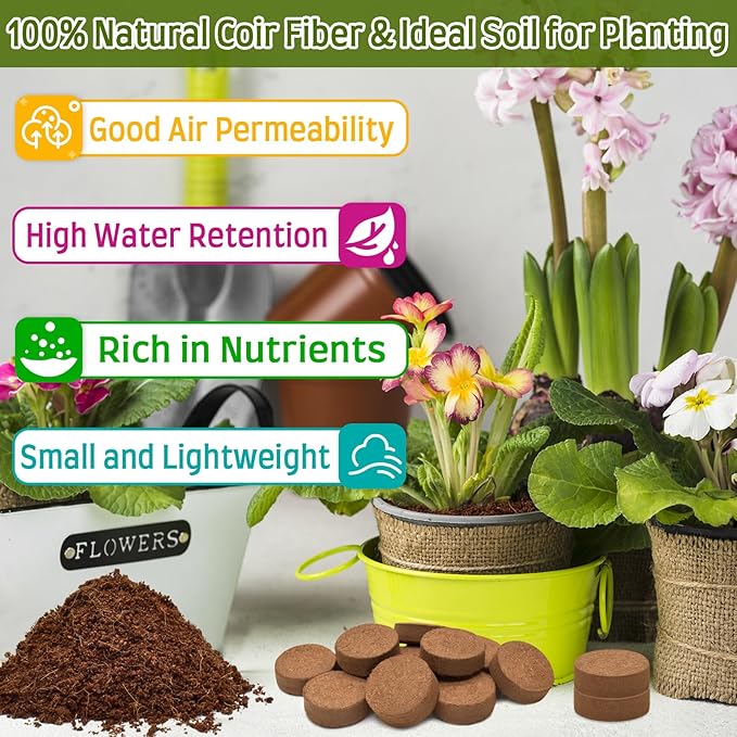 Halatool 30mm 200pcs Organic Coconut Coir Pellets Soil for Planting, Compressed Coco Coir Soil Potting Soil Seed Starters for Growing Vegetables, Fruits, Flowers
