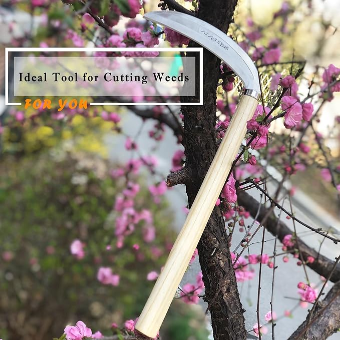 SHANFEEK Grass Sickle Japanese Weeding Hoe Garden Hand Tool Weeding Tools for Garden High-Strength Steel with Solid Wood Handle (Beige)