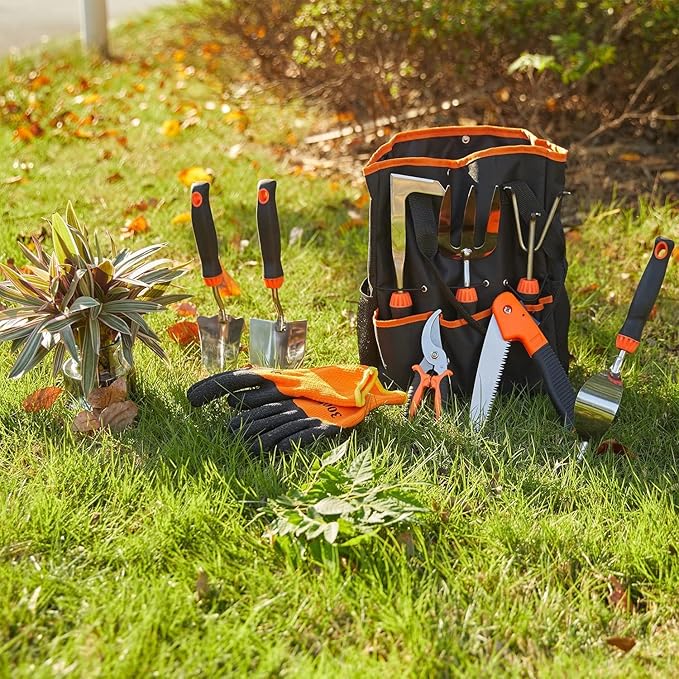 Garden Tools Set, 10 Pcs Stainless Steel Heavy Duty Gardening Tools Set with Folding Saw, Garden Hand Tools Starter Kit, Landscaping Tools, Gardening Tools Gift Sets for Women and Men