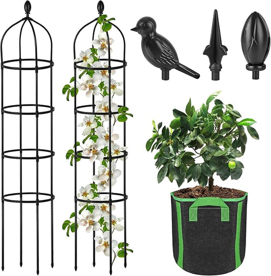 Garden Obelisk Trellis for Climbing Plants Outdoor 6 Ft Rose Bush Round Trellis with Grow Bag for Pots Rustproof Metal Plant Flower Trellises for Clematis Vine Jasmine Support Outdoor Indoor