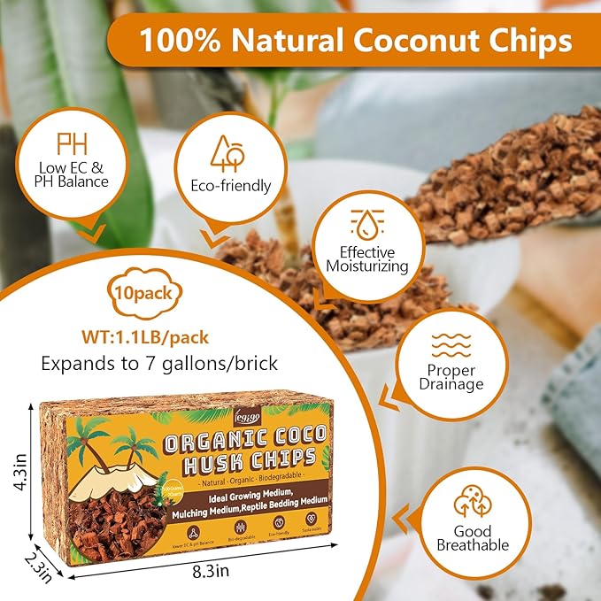 Legigo 10 Pack Coco Husk Chips- 11 LB 100% Organic Coconut Coir Chips Brick Potting Soil Mix with Low EC & PH Balance, Compressed Coconut Substrate Coco Chips Mulch Medium for Garden, Flowers, Plants