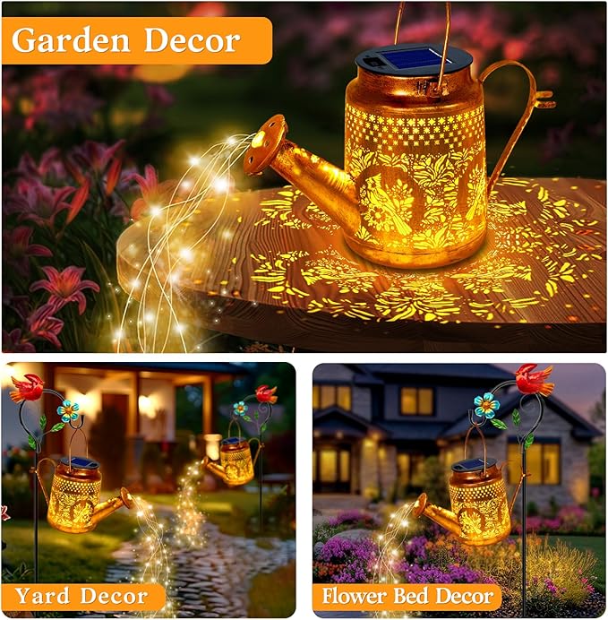 Solar Lights Outdoor Garden Decor, Cardinals Hanging Waterproof Watering Can Lights Outside Decorations for Yard Front Porch Patio Backyard Gift for Mom Grandma Women Birthday （with Shepherd Hook）
