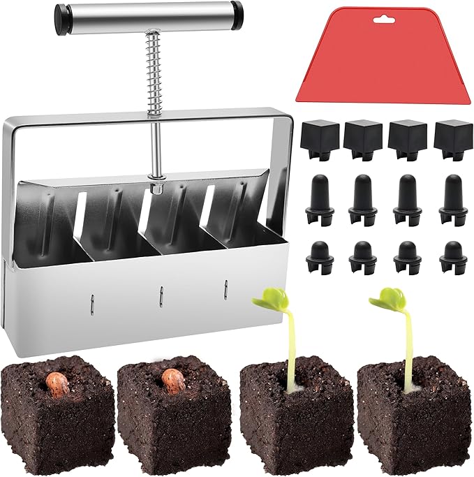 Stainless Steel Soil Blocker for Seed Starting, 4 Cell Blokers Make Tool 2-inch Standard Blocks Soil Block Maker with Scraper &Three Sizes Seed Pins