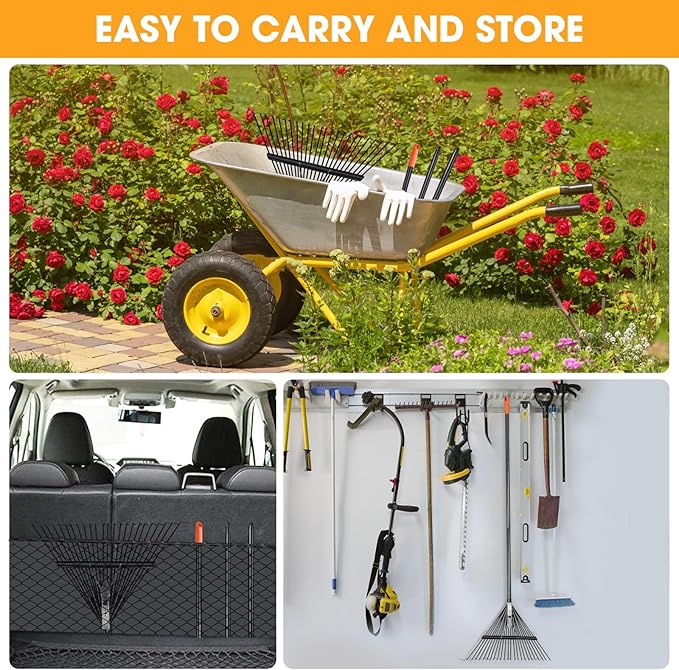 High-Carbon Steel Gardening Leaf Rake, Suitable for Raking Leaves and Lawn Tidying,Adjustable Split Long Handle 33-67", 24tines 23.2" Wide,Garden rake and thatch rake Suitable for Adults