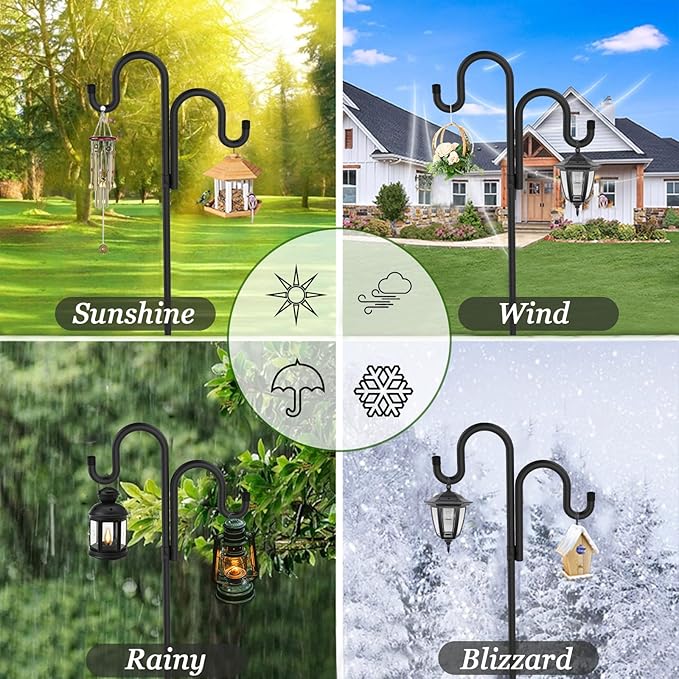 Double Shepherds Hooks for Outdoor, Bird Feeder Pole with 5 Prongs Base, Heavy Duty Garden Hook for Lantern, Wind Chime and Hummingbird Feeder, 76 Inch, 2 Pack